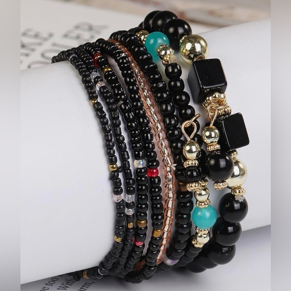 Black & Gold Beaded Bracelet Stack | Boho Summer Jewelry Set - Picture 2 of 7